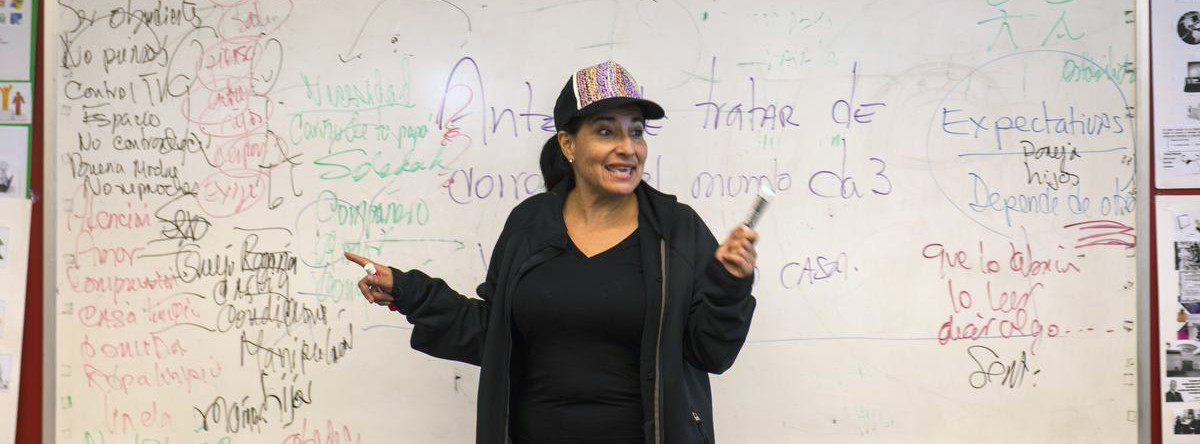 Instructor Patricia Mariscal works with her students during class in the Cielo Center at Golden West College in Huntington Beach.